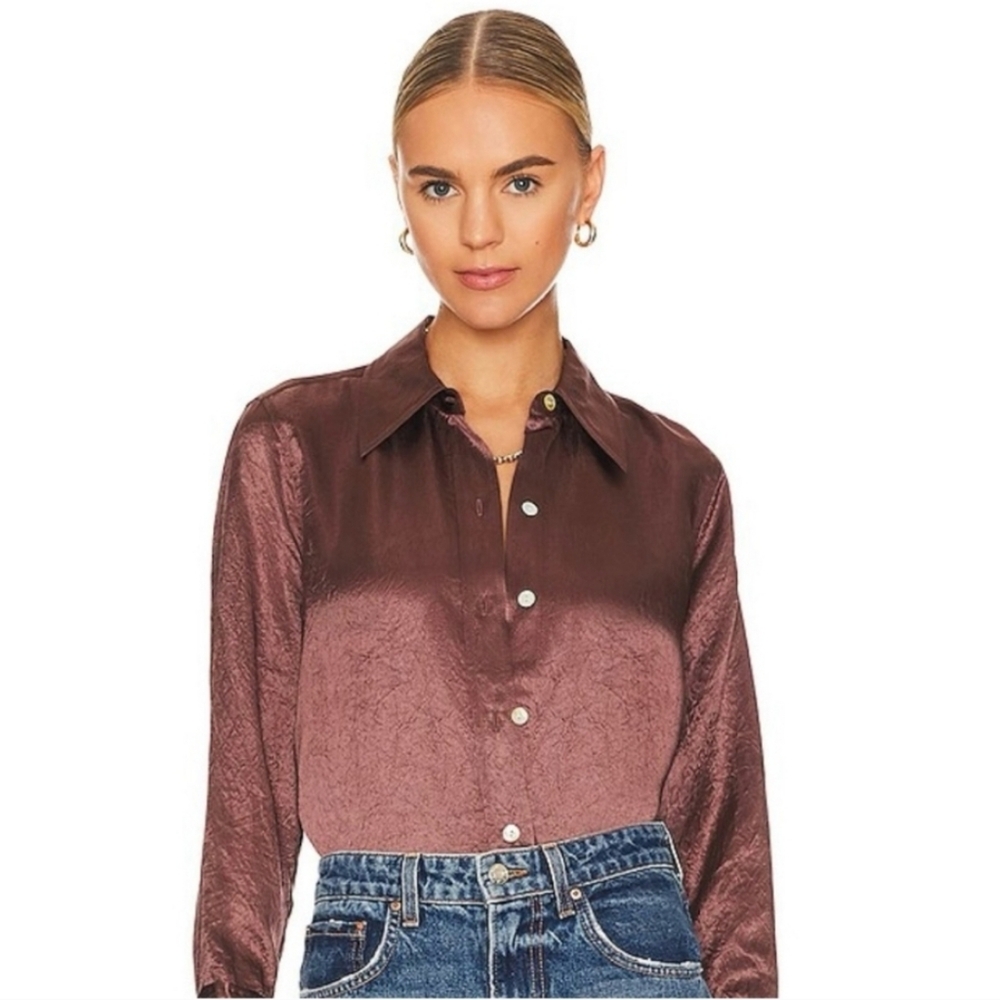 New Rails Andrea Crushed Crinkled Satin Long Sleeve Button Up Blouse Nutmeg